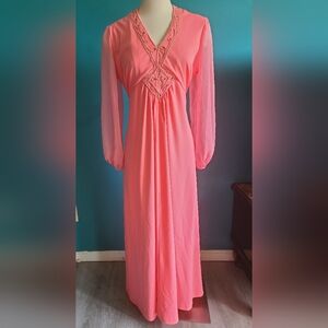 Size Large/ Vintage 1970s coral pink maxi dress chiffon sleeve embellished v nec